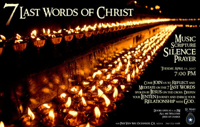 7 Last Words of Christ poster featuring rows of burning candles on black background