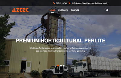 Aztec Perlite website featuring the exterior of the Company with an Aztec Perlite semi trailer loaded with bags of perlite