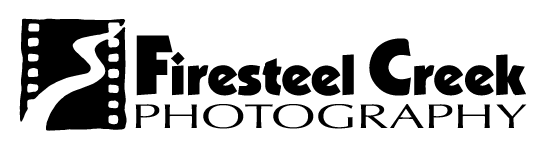 Firesteel Creek black and white logo featuring film strip with creek on left side