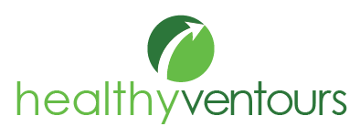 Healthy Ventours dark and light green logo with circle and upward moving arrow
