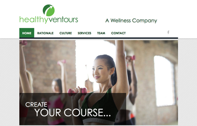 Healthy Ventours website featuring a fitness class with a girl in front wearing a green tank and using pink weights
