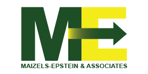 Maizels-Epstein logo with dark green M and bright yellow E with an arrow going through